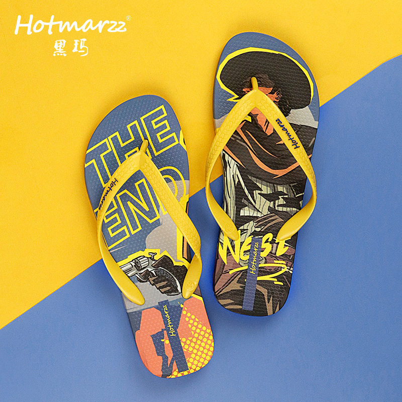 Hotmarzz黑玛夏季新款人字拖鞋男防滑休闲逛街外穿涂鸦印花沙滩鞋
