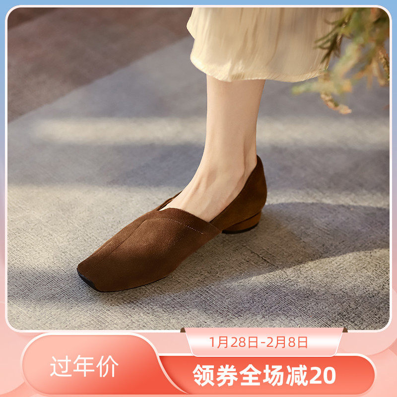 方头深口单鞋女低跟2022年秋款磨砂真皮乐福女鞋英伦风复古小皮鞋