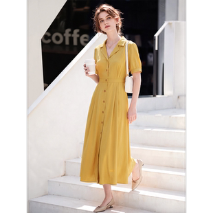 姜黄色莱赛尔天丝短袖衬衫连衣裙女2026年夏季新款收腰中长款裙子