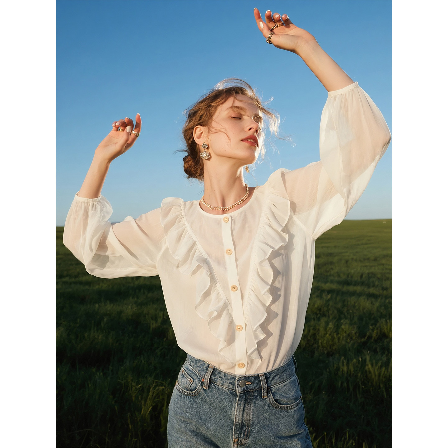 法式温柔风白色泡泡袖衬衫女2026年春季新款荷叶边设计感气质上衣,女装/女士精品,衬衫,淘宝优惠券,粉丝福利购,淘宝优惠卷
