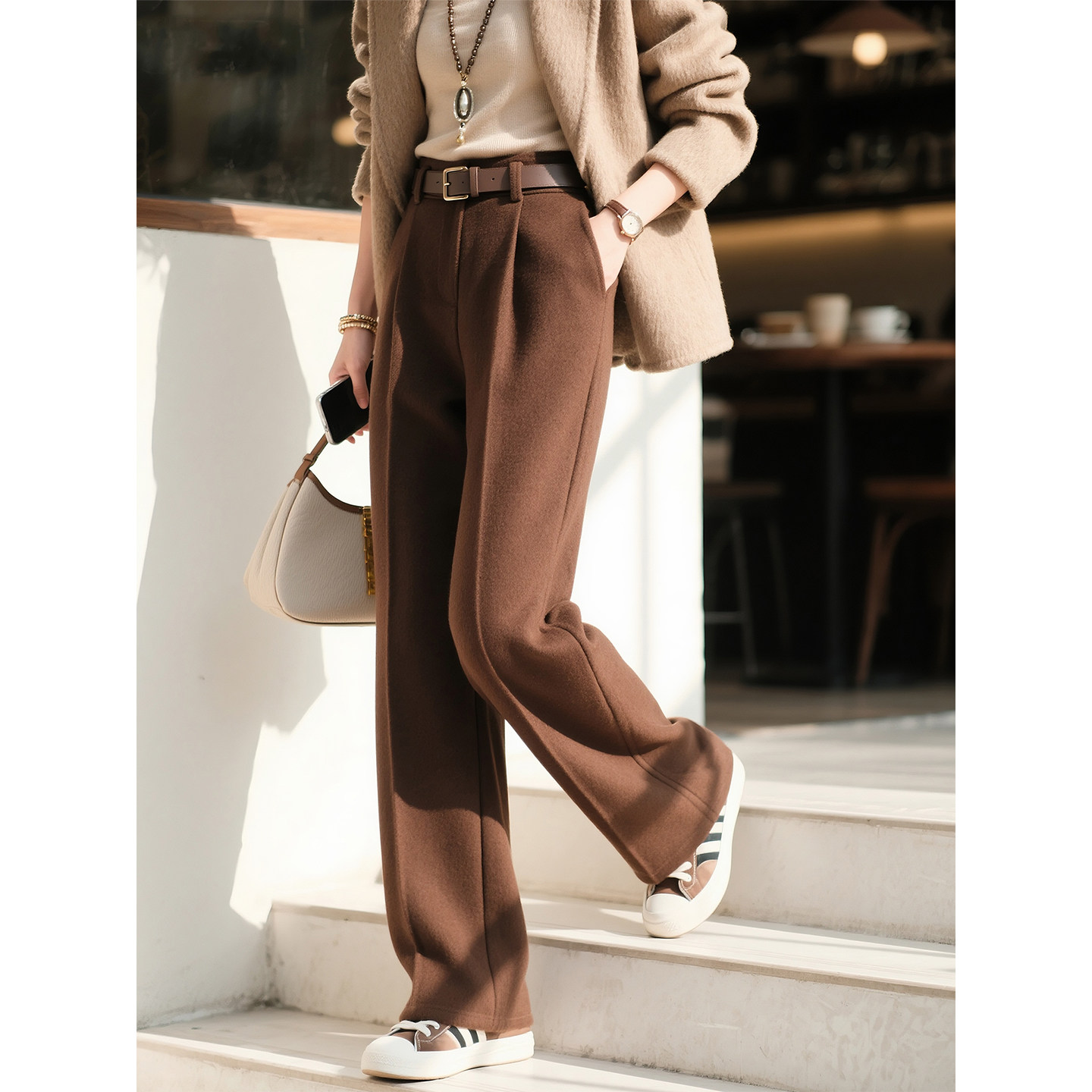 咖啡色羊毛阔腿裤女2025年秋冬