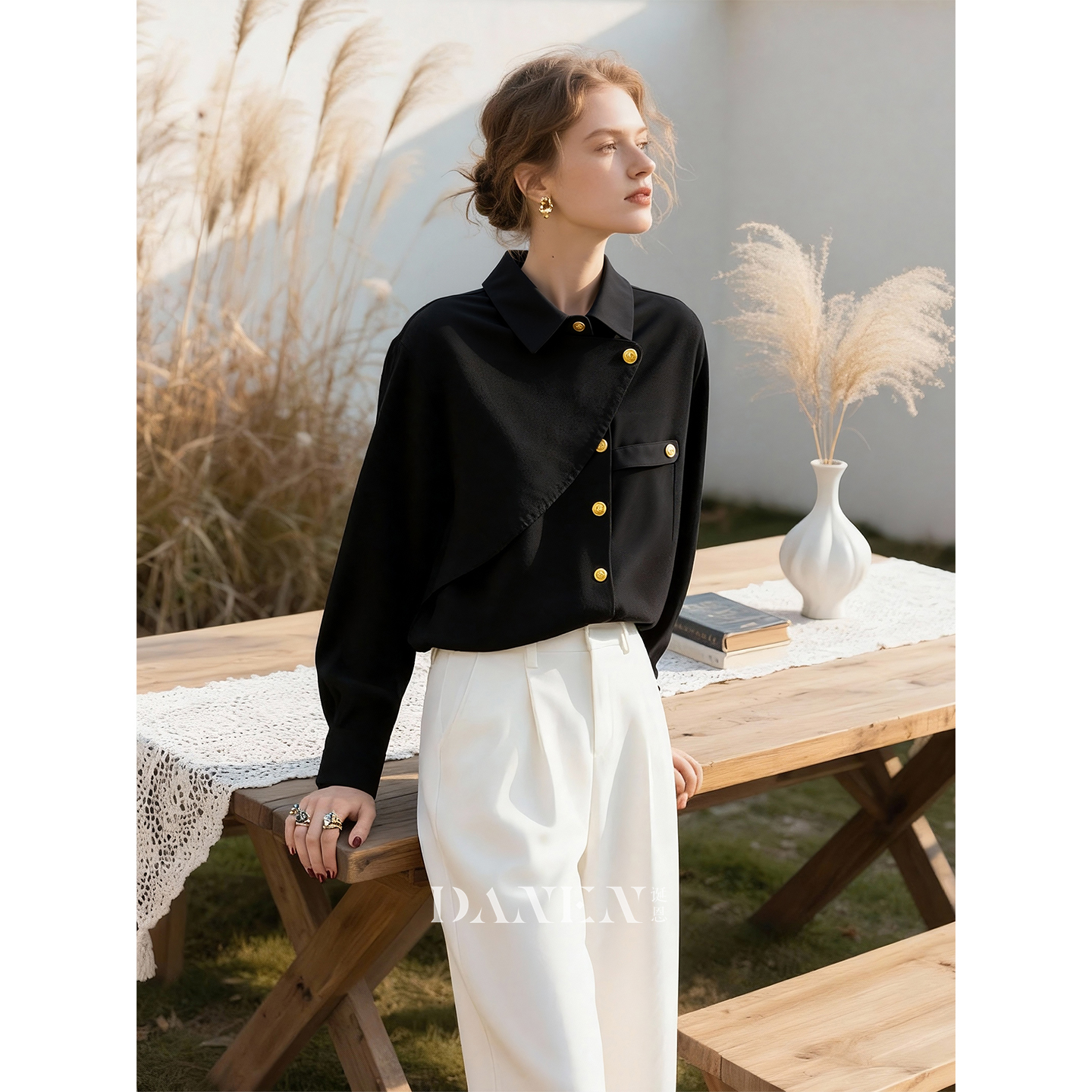 黑色衬衫女2025年秋冬新款