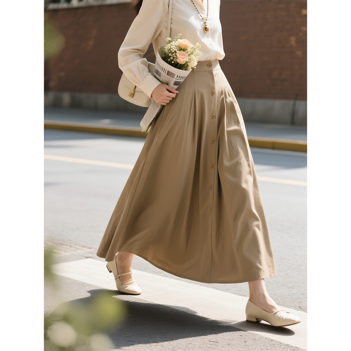 卡其色复古风高腰A字半身裙女2026春季新款长款显瘦百搭极简风,女装/女士精品,半身裙,淘宝优惠券,粉丝福利购,淘宝优惠卷