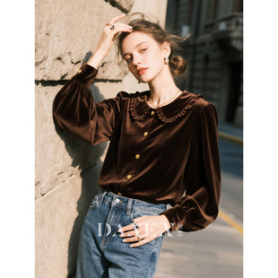 黑棕色娃娃领丝绒长袖衬衫女2025年秋冬时尚洋气减龄衬衣别致上衣
