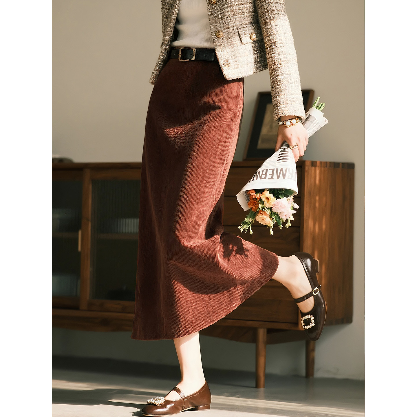 深棕色全棉灯芯绒半身裙女2025年