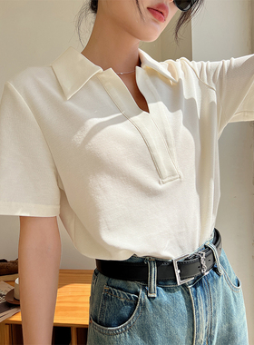 白色polo领短袖t恤女2026年夏季薄款新款设计感正肩上衣高级感