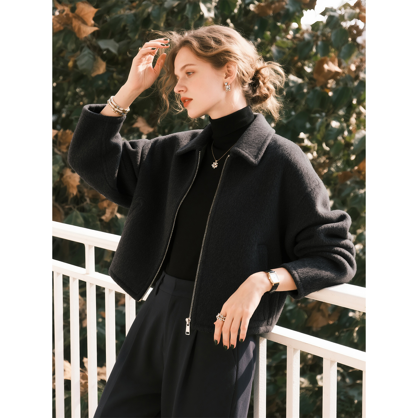 深灰色翻领羊毛外套女2025年秋冬