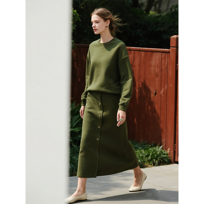 极简休闲风橄榄绿卫衣半身裙套装