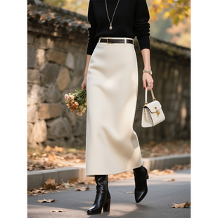 白色羊毛半身裙女2025年秋冬新款高腰高级感复古A字长裙子