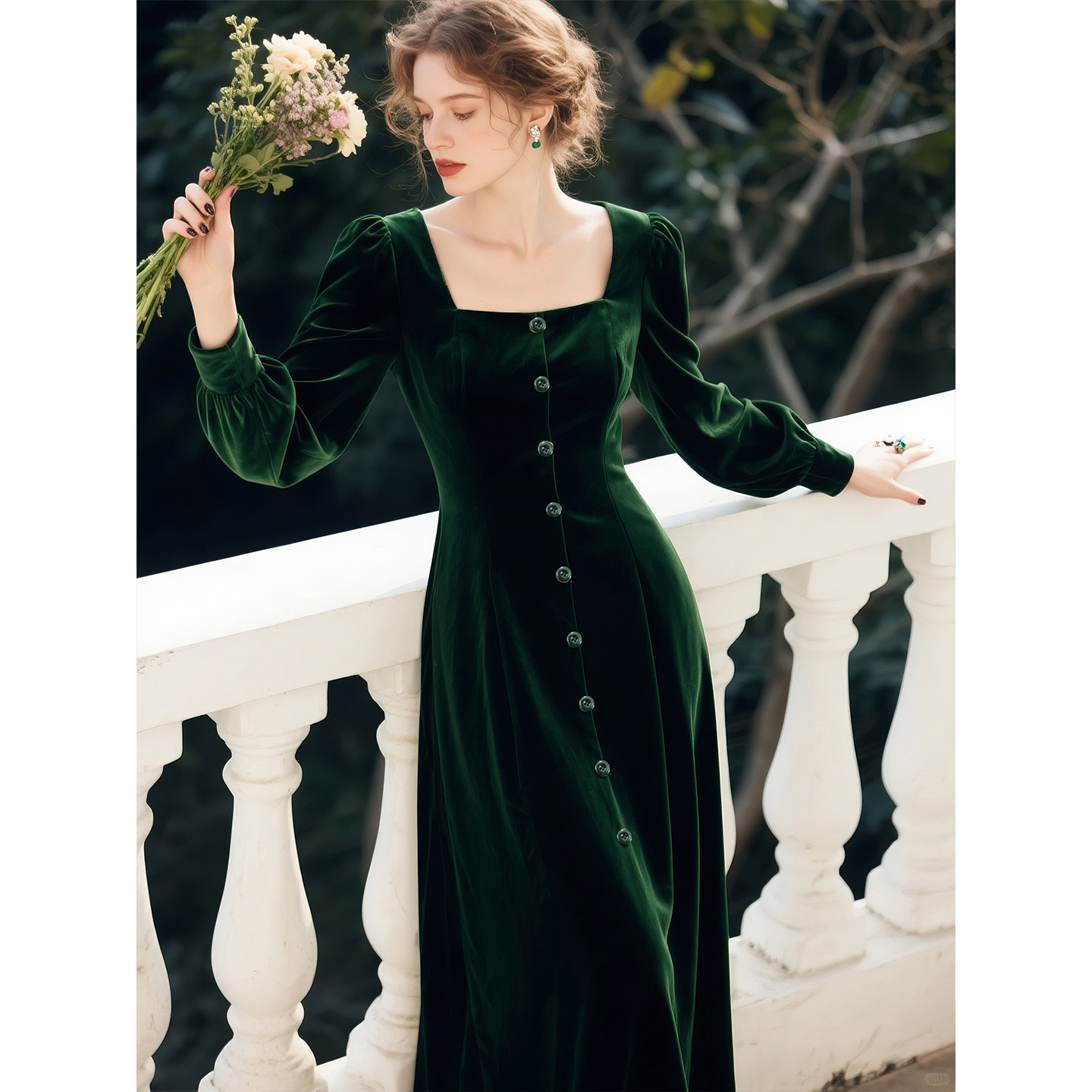墨绿色丝绒方领连衣裙女2025年秋
