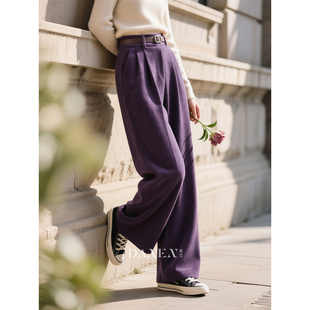 酱紫色高腰羊毛毛呢阔腿裤女2026年春季新款高级感休闲直筒长裤子
