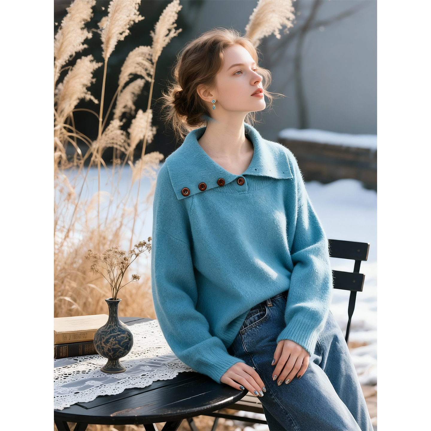 湛绿色翻领套头针织衫女2025秋冬