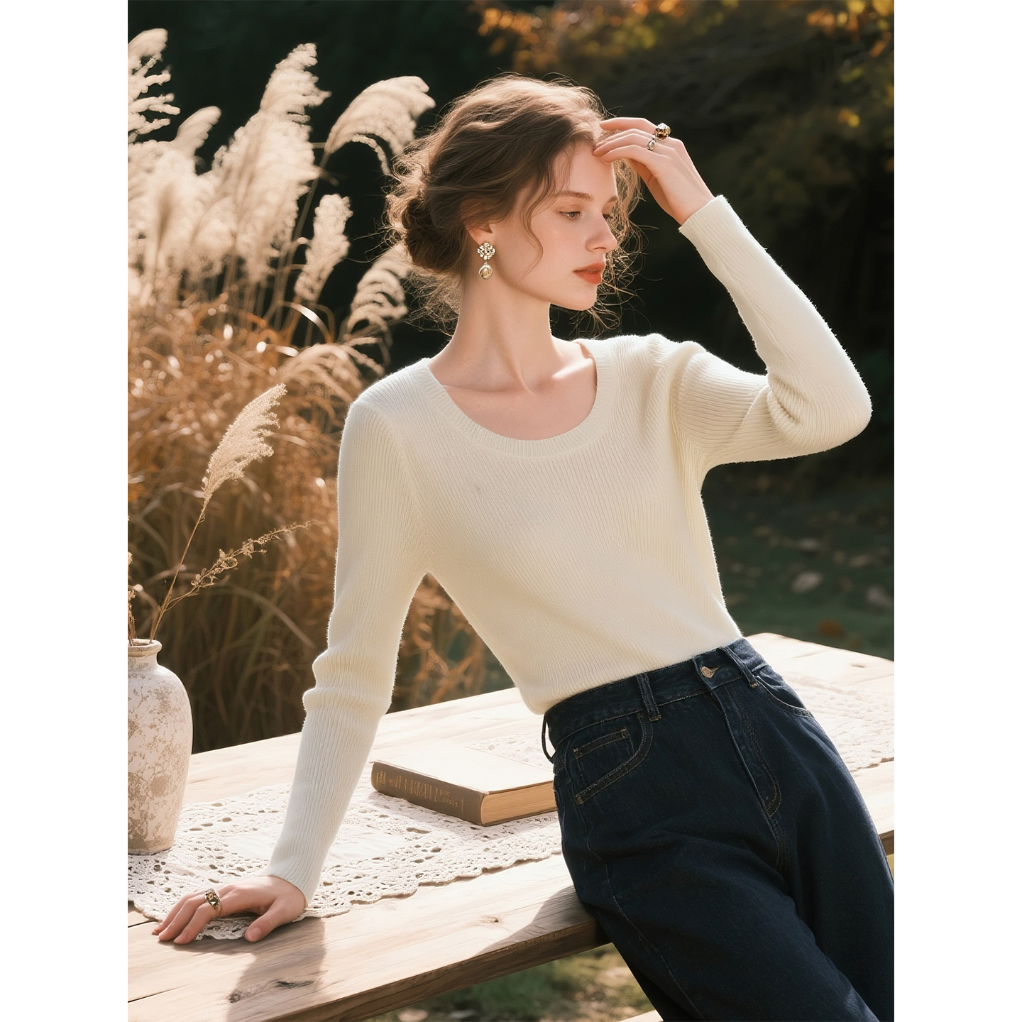 燕麦色圆领毛衣针织衫女2025年