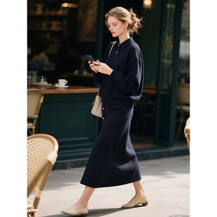 宽松卫衣高腰半身裙两件套 新款 深蓝色早秋休闲套装 女2025年秋季