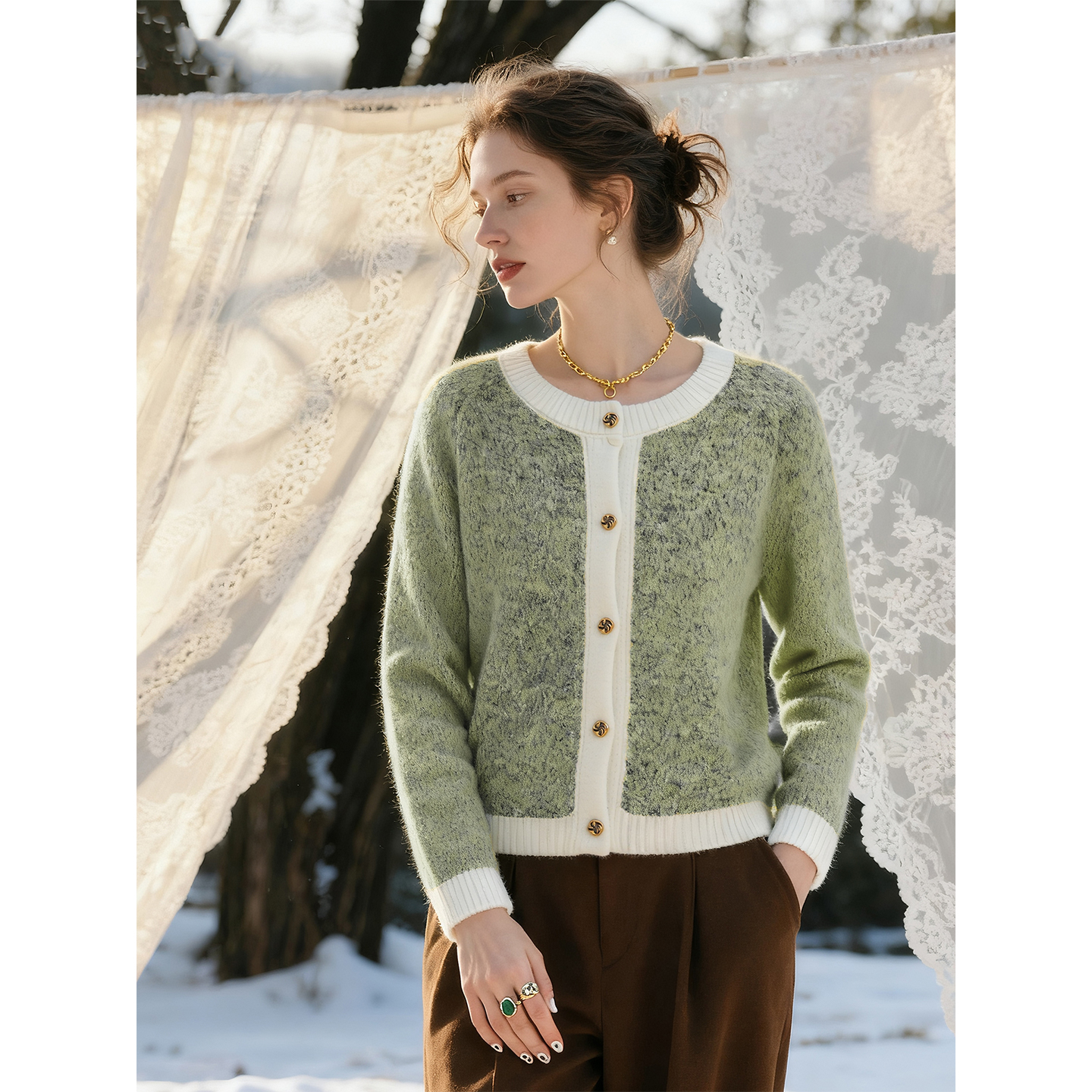 黄绿色撞色针织开衫女2025年秋冬