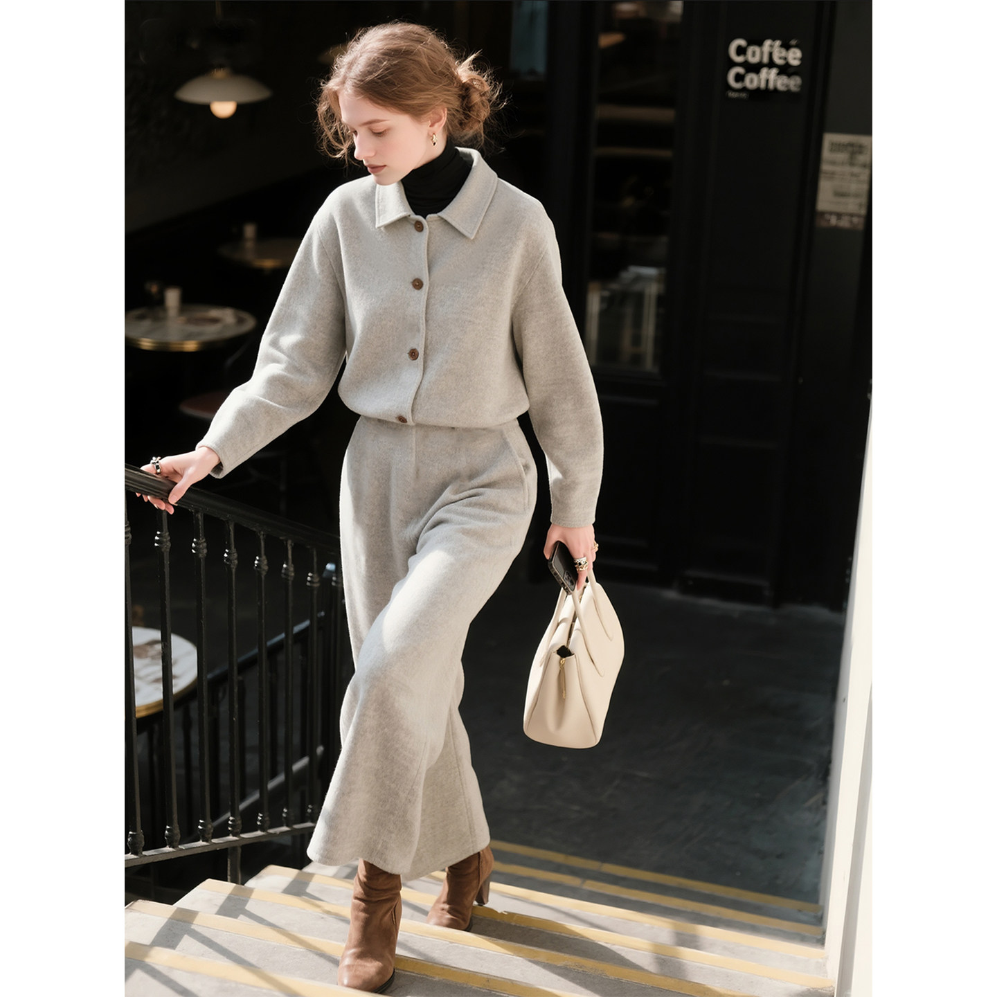 白灰色羊毛外套套装女2026年春季新款毛呢高级感休闲高腰裤两件套,女装/女士精品,时尚套装,淘宝优惠券,粉丝福利购,淘宝优惠卷