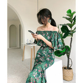 绿色一字肩碎花连衣裙女夏季 抹胸露肩荷叶边海边度假沙滩鱼尾裙子