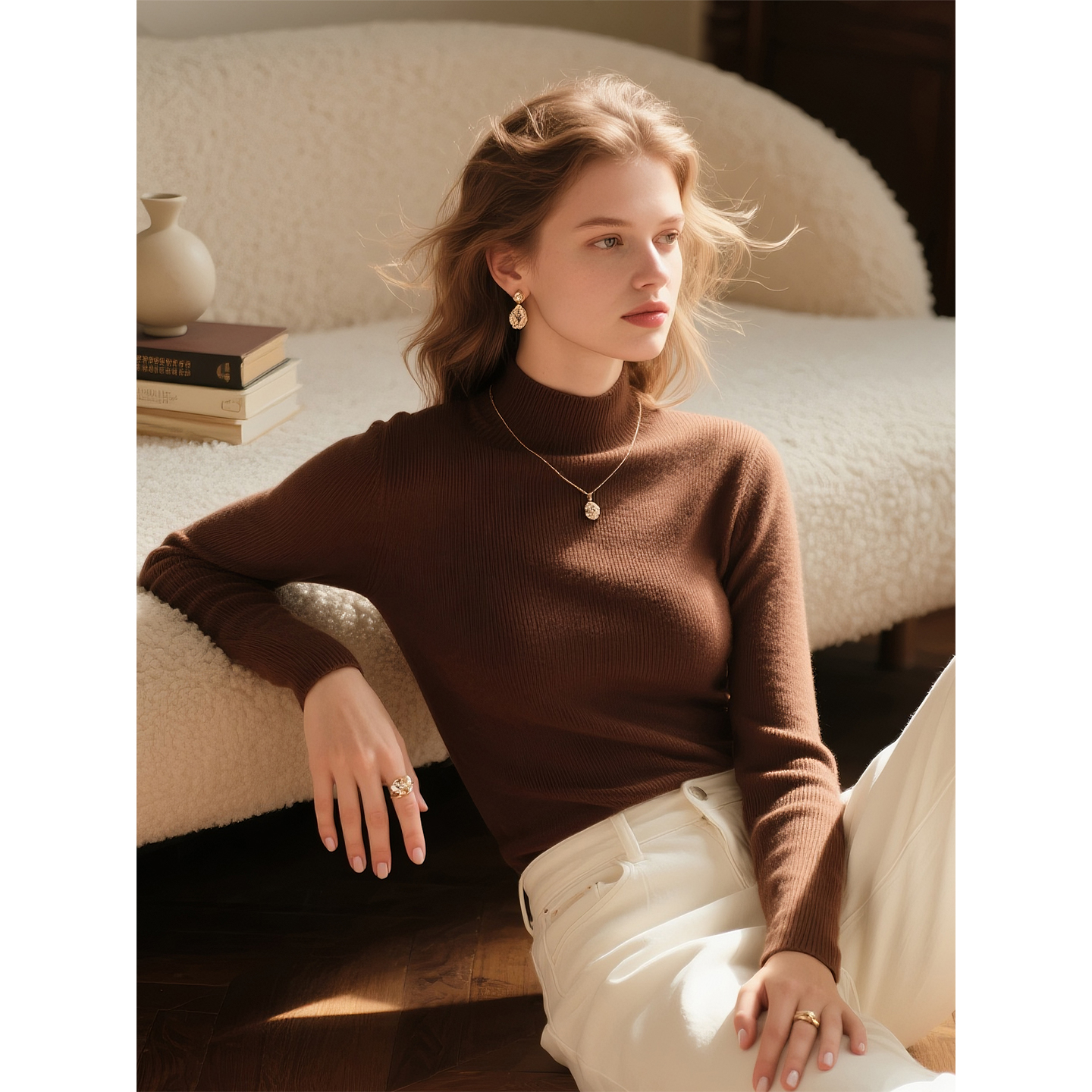 美拉德咖色半高领羊毛针织衫女