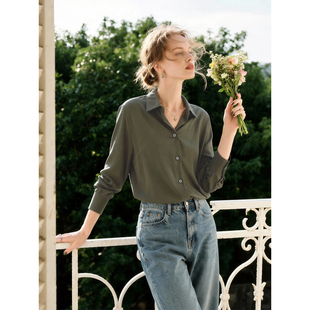 通勤百搭衬衣宽松显瘦上衣 新款 绿色气质翻领天丝衬衫 女2026年春季