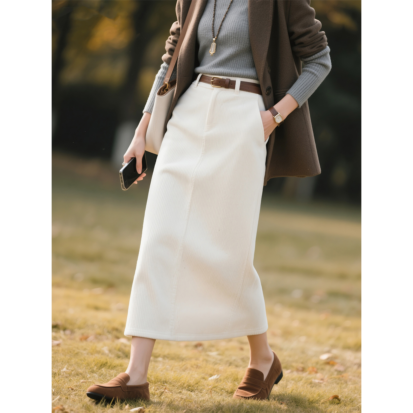 米白色灯芯绒高腰半身裙女2025年