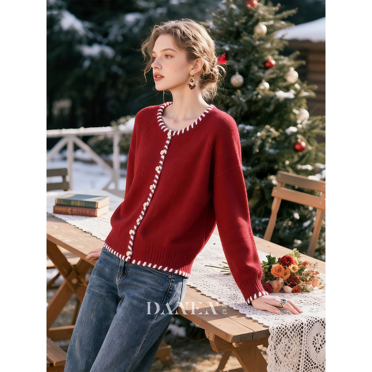 红色圆领针织衫女2025年秋冬新款
