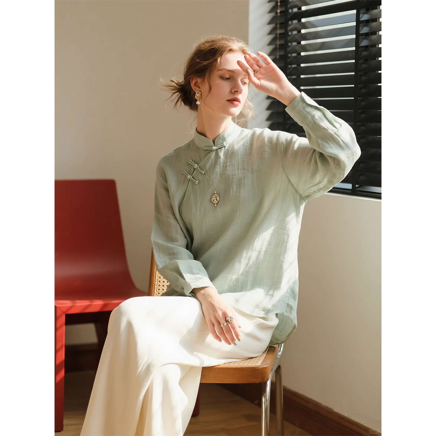 豆绿色斜襟盘扣衬衫女2026年春季新款中式风复古文艺国风棉麻上衣,女装/女士精品,衬衫,淘宝优惠券,粉丝福利购,淘宝优惠卷