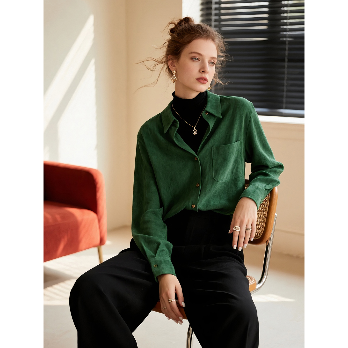 法式墨绿色灯芯绒衬衫女2025年