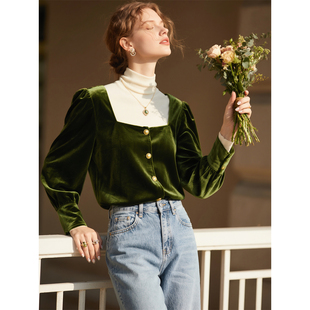 绿色方口领丝绒衬衫女2026春季新款气质设计感法式复古时尚衬衣