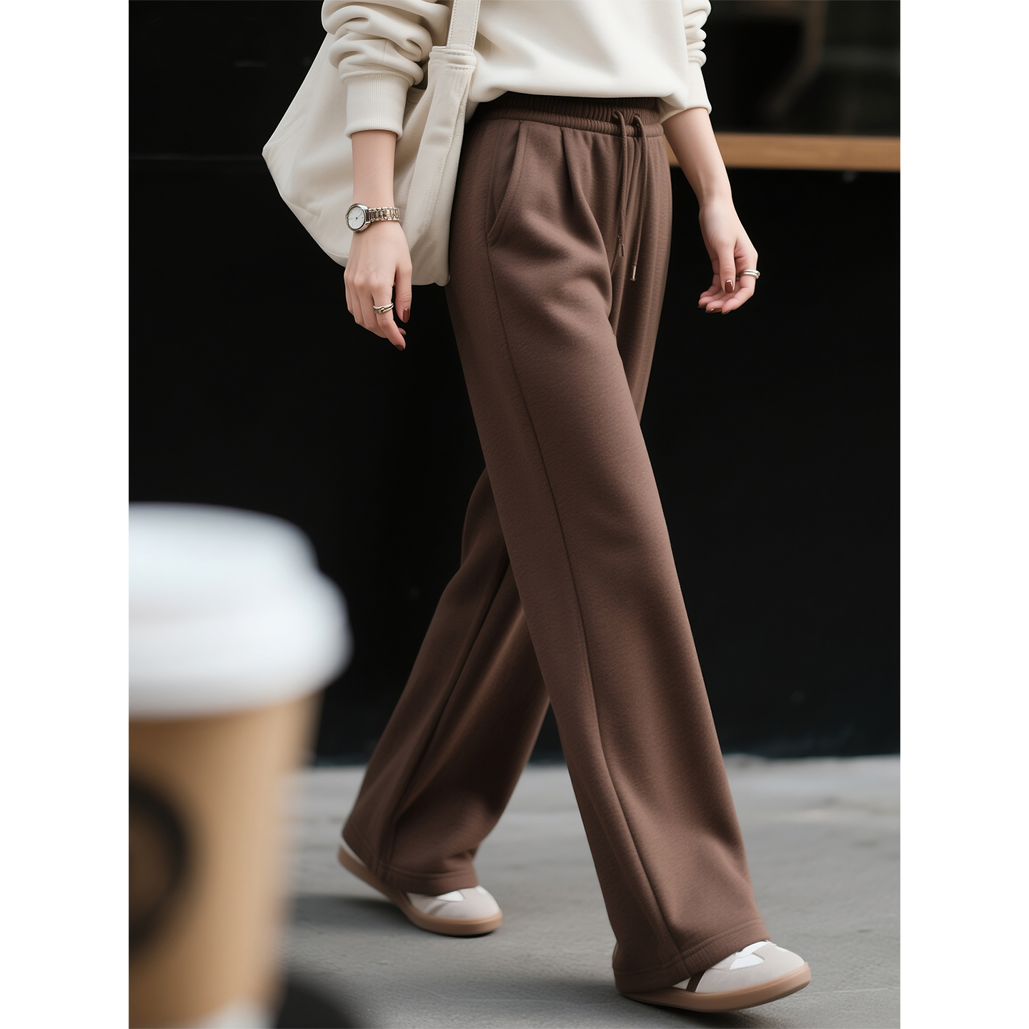 棕色高腰阔腿卫裤女2025年秋冬