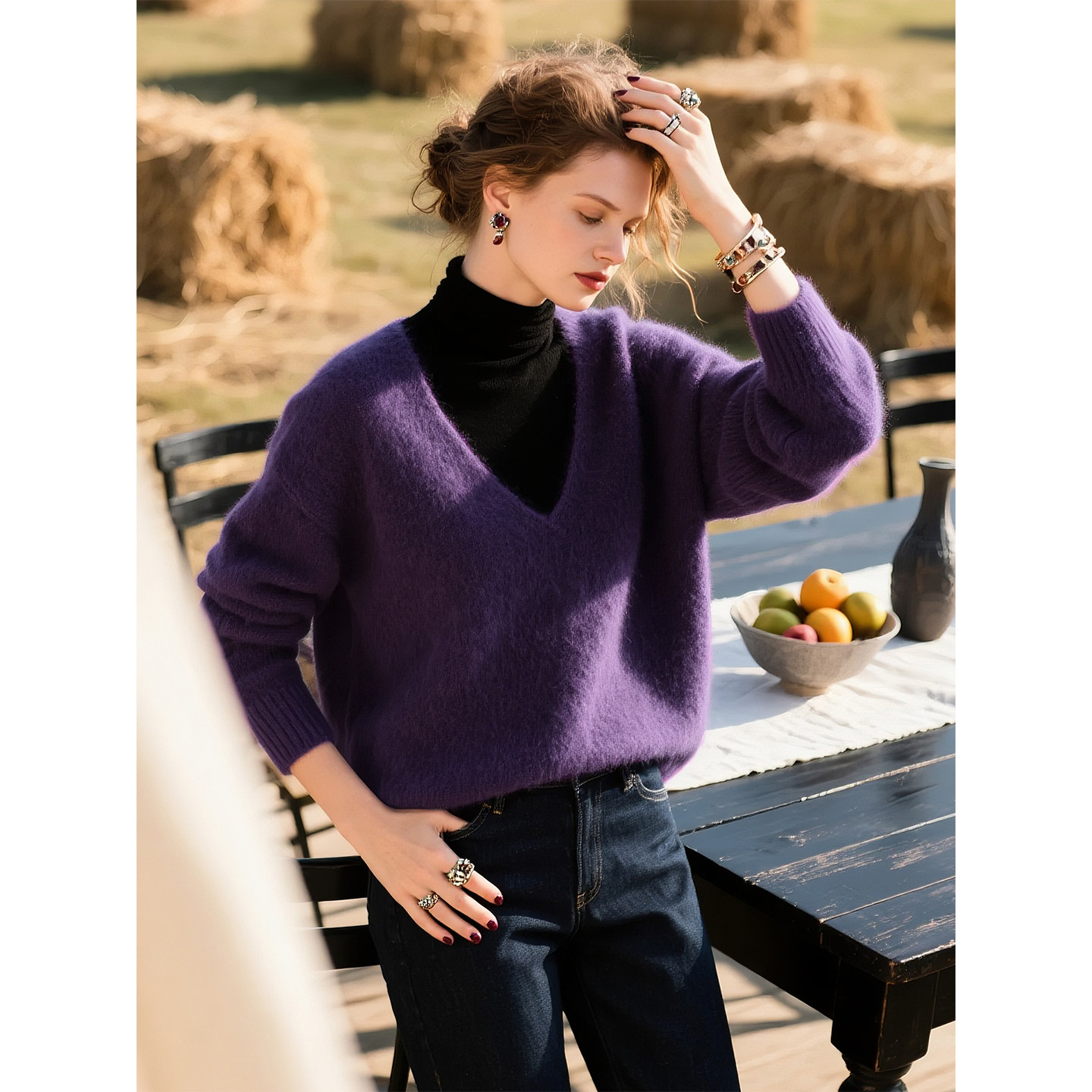 紫色V领针织衫女2025年