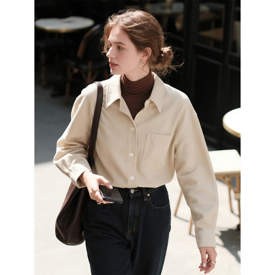 米白色磨毛长袖衬衫女2026年秋冬