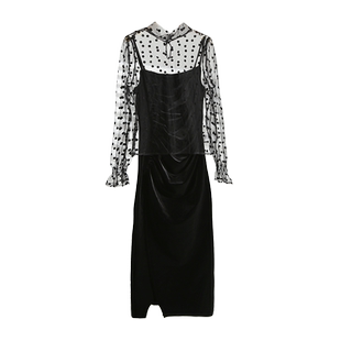 法式黑色丝绒吊带连衣裙女2025年秋冬新款高级感波点开叉年会礼服