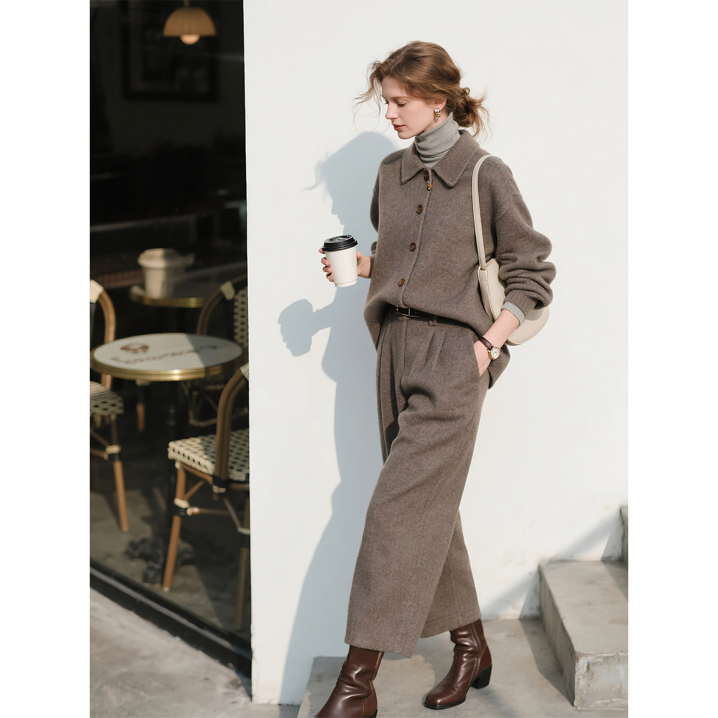 灰棕色绵羊毛毛呢套装女2026年春季新款时尚气质外套阔腿裤两件套,女装/女士精品,时尚套装,淘宝优惠券,粉丝福利购,淘宝优惠卷