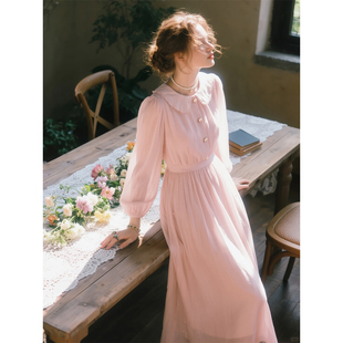 法式 新款 温柔风气质显瘦长裙 连衣裙女2026年春季 浅粉色娃娃领长袖