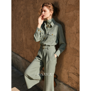 显瘦高级感气质套装 豆绿色磨毛衬衫 新款 两件套女2026年春季 九分裤