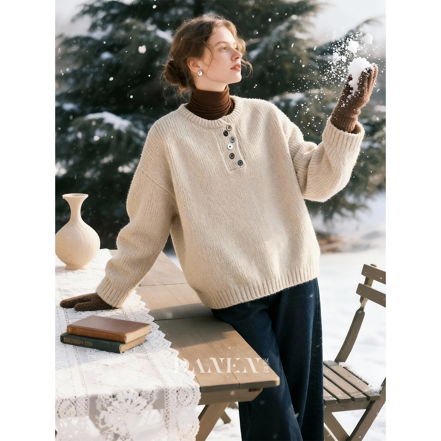 灰米色半开领排扣毛衣女2025年秋