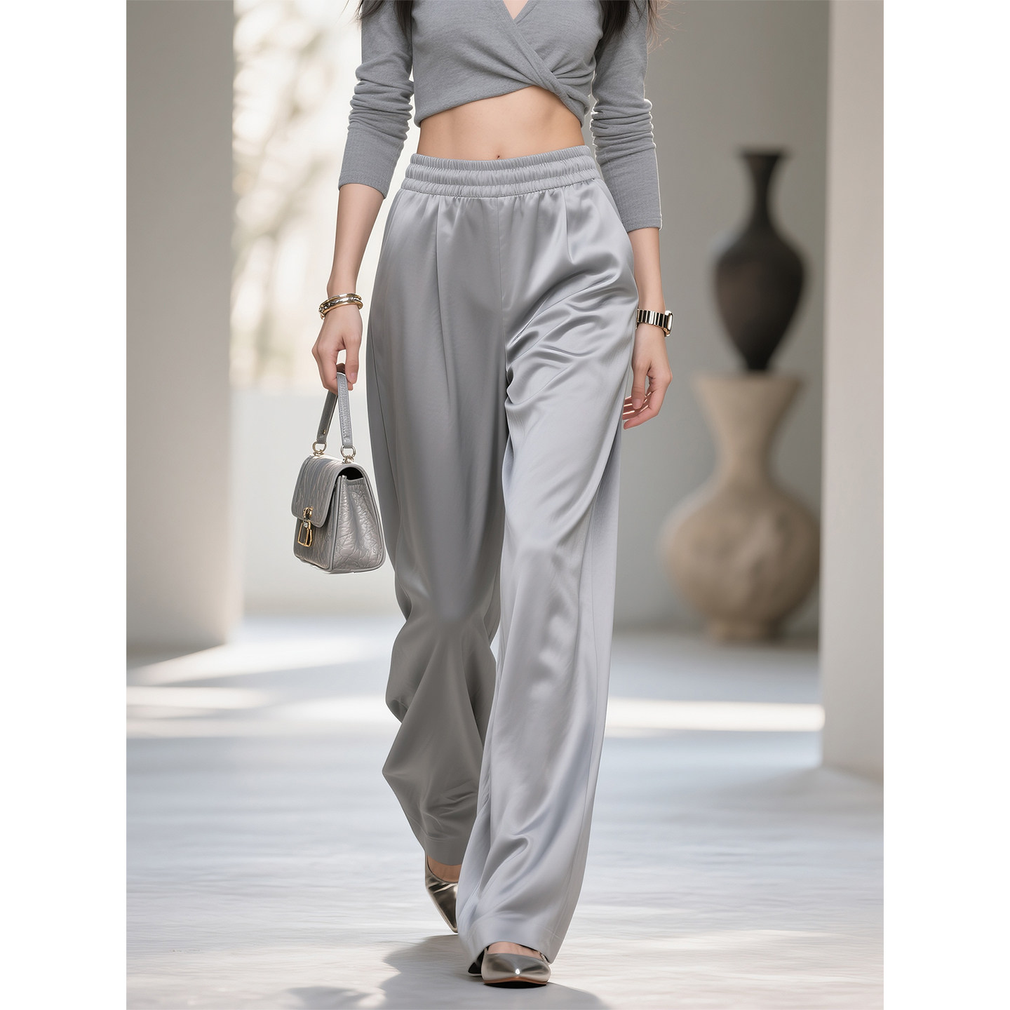 灰色缎面松紧腰阔腿裤女2026年春季新款松弛感穿搭休闲直筒长裤子,女装/女士精品,休闲裤,淘宝优惠券,粉丝福利购,淘宝优惠卷