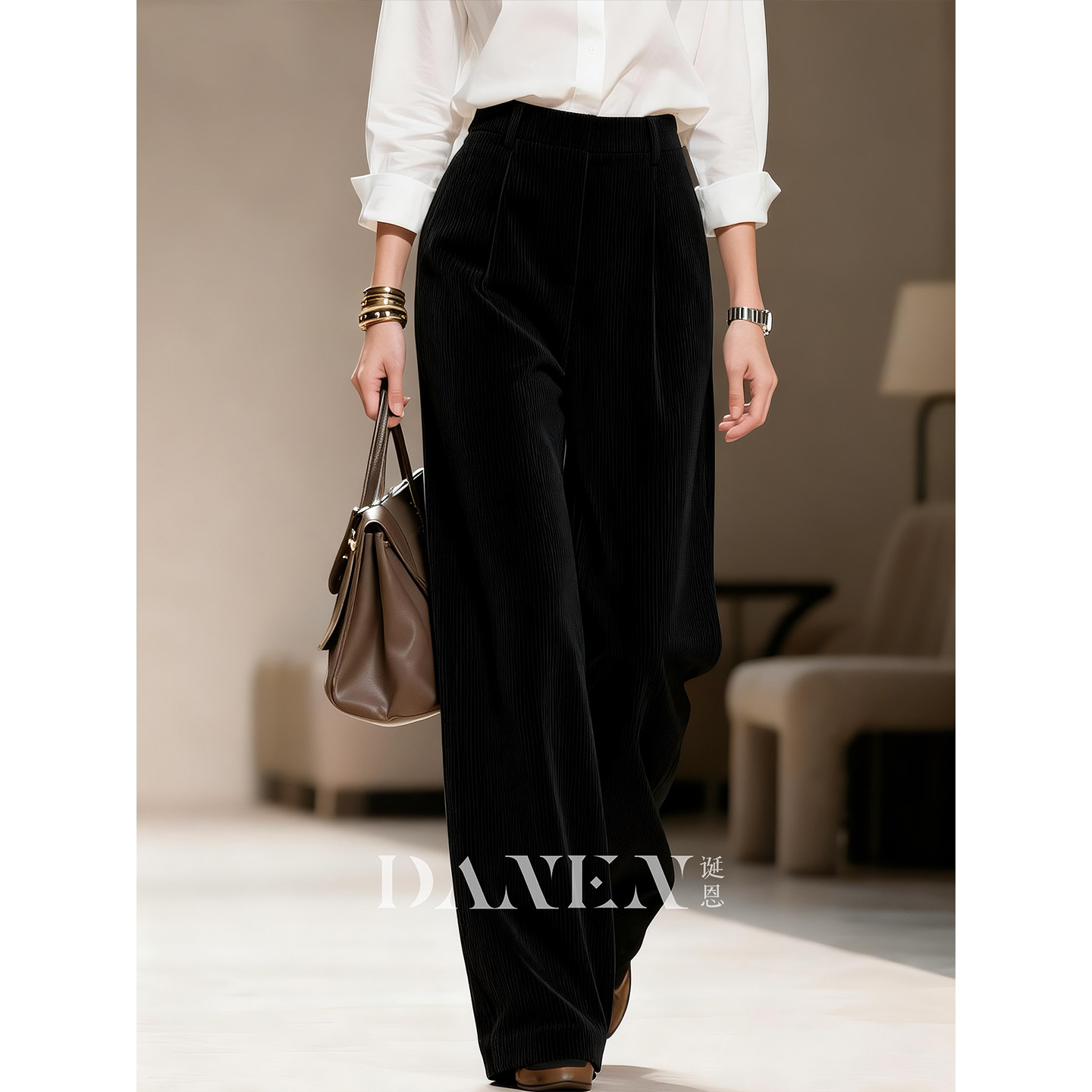 黑色灯芯绒阔腿裤女2025年秋冬