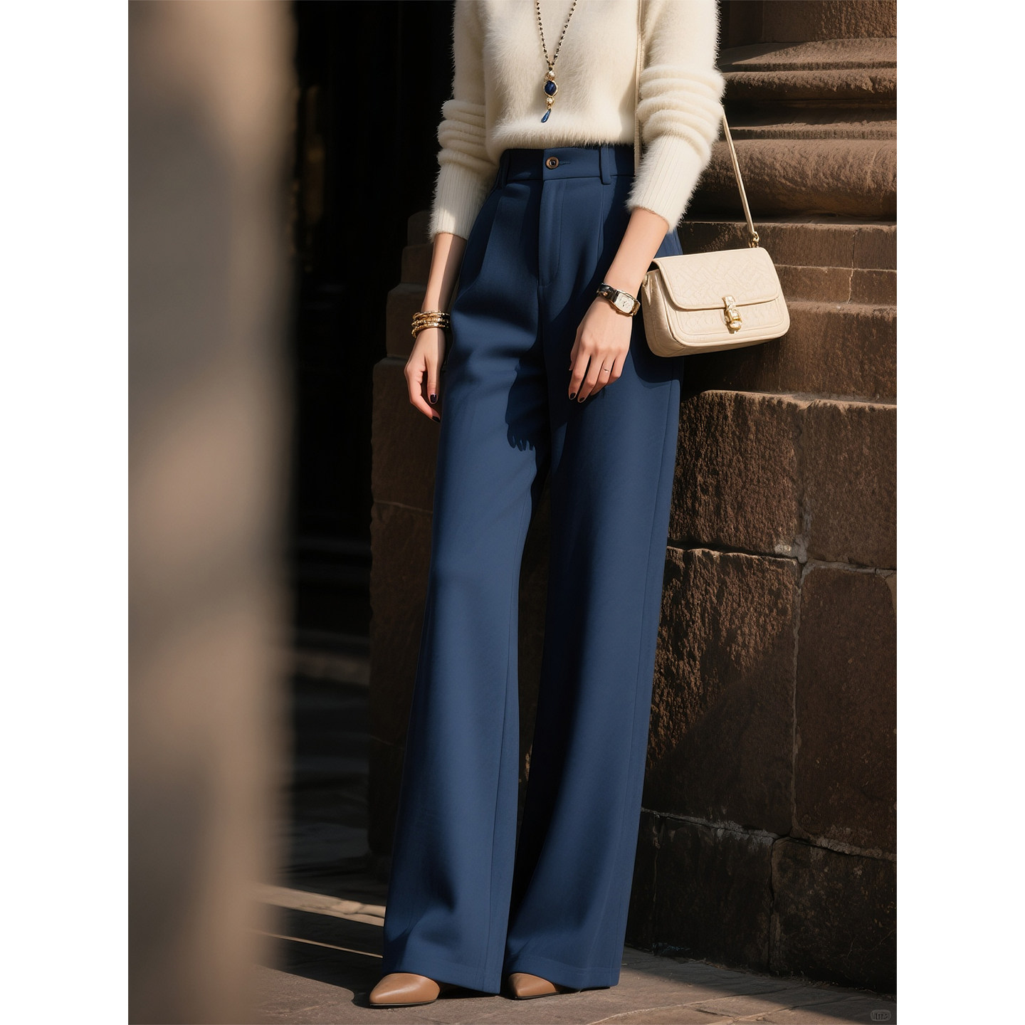 藏蓝色高腰阔腿裤女2026春季新款显瘦毛呢高级感直筒休闲长裤子,女装/女士精品,休闲裤,淘宝优惠券,粉丝福利购,淘宝优惠卷