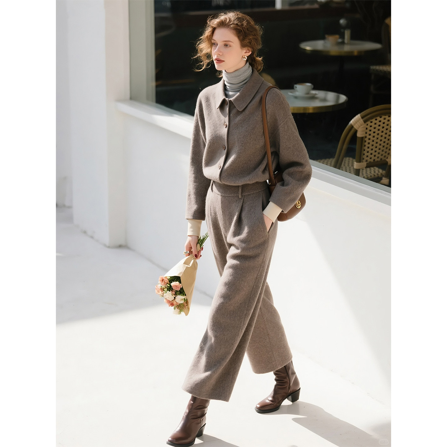 灰棕色绵羊毛毛呢套装女2026年春季新款外套阔腿裤高级感两件套,女装/女士精品,时尚套装,淘宝优惠券,粉丝福利购,淘宝优惠卷
