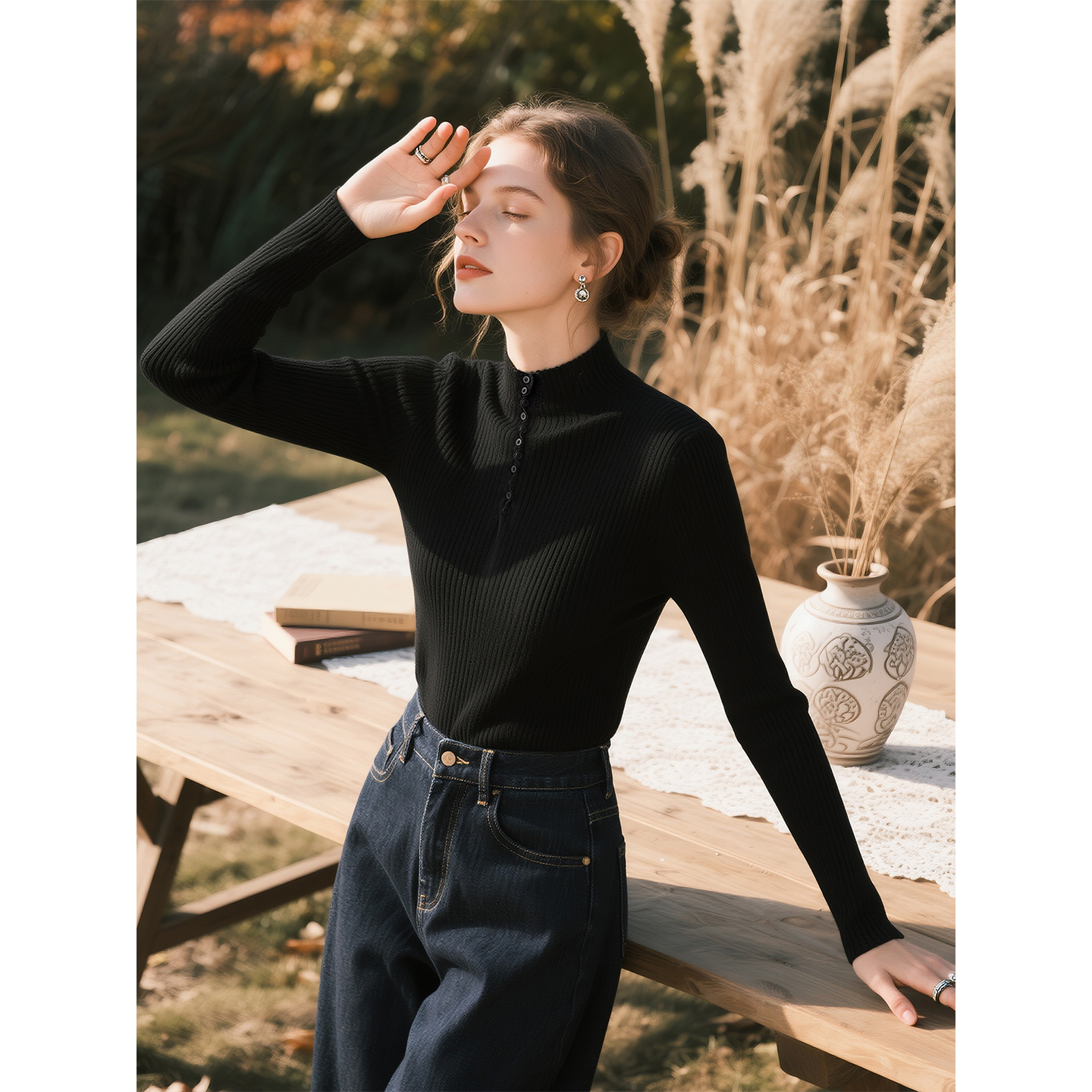 黑色长袖毛衣针织衫女2025