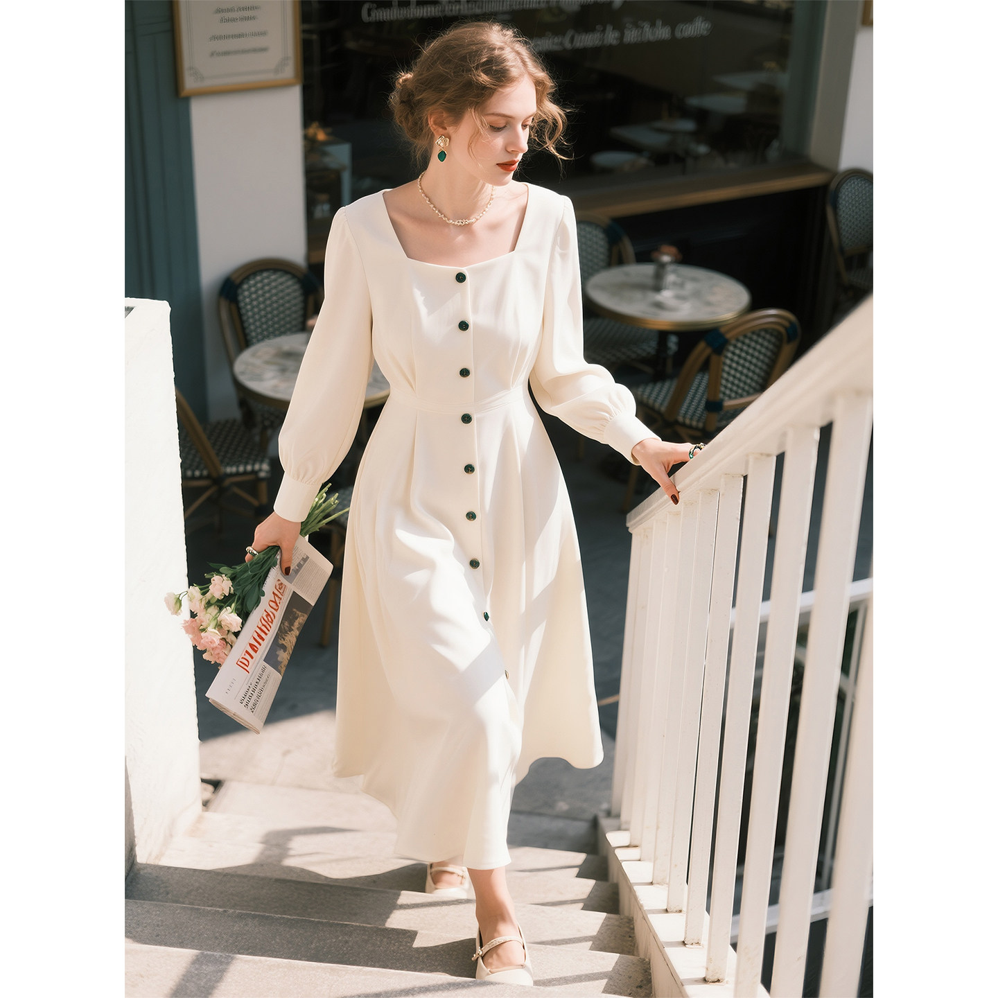 白色法式温柔方口领连衣裙女2026年春季新款收腰显瘦气质减龄长裙,女装/女士精品,连衣裙,淘宝优惠券,粉丝福利购,淘宝优惠卷