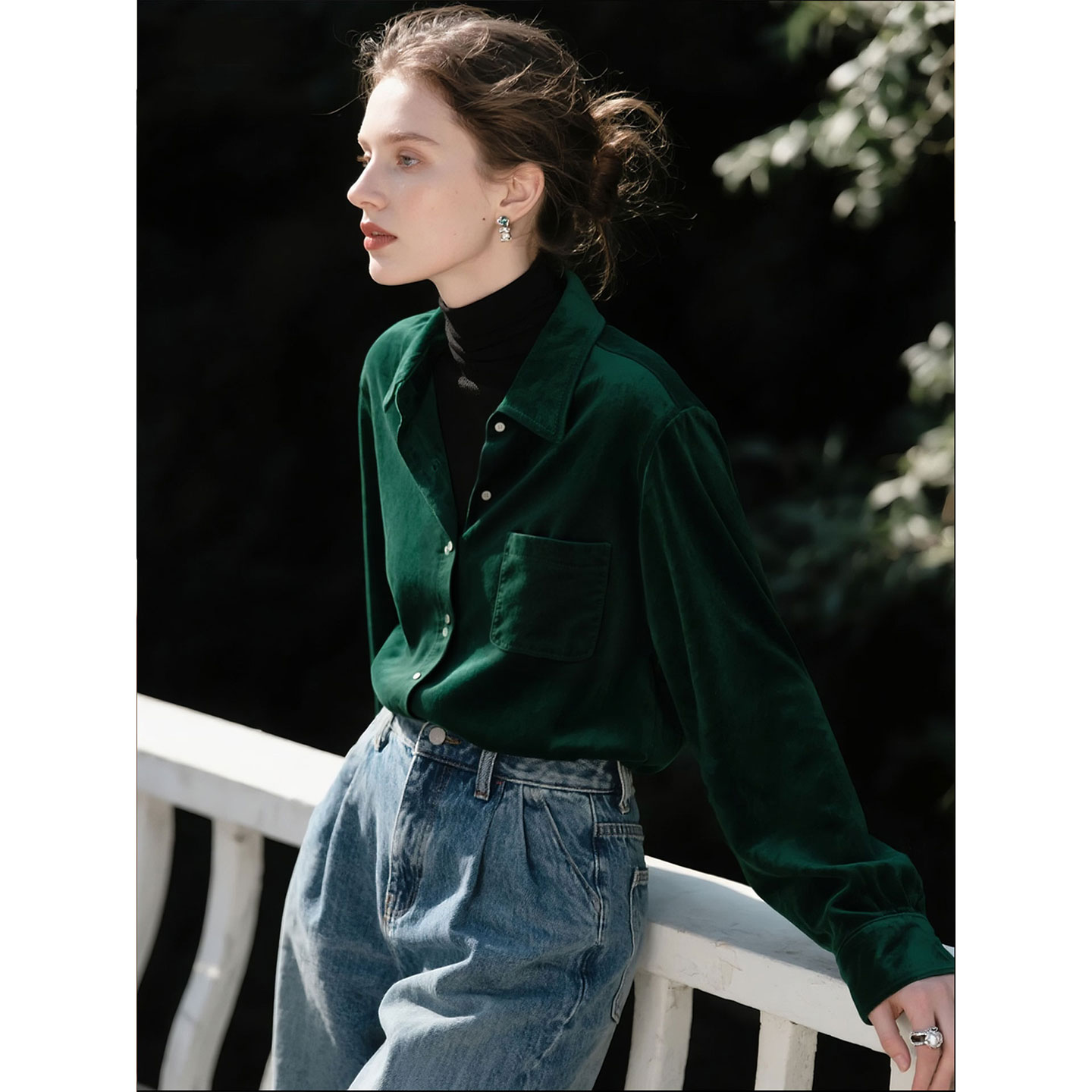 墨绿色磨毛衬衫女2025年秋冬新款