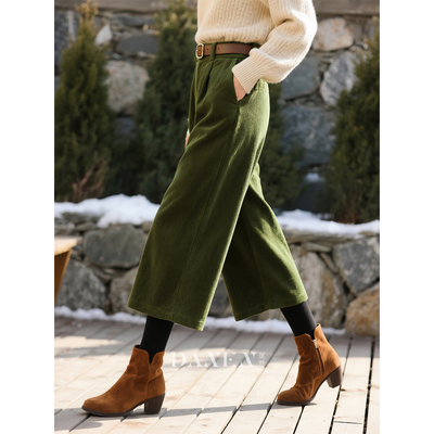 橄榄绿灯芯绒七分阔腿裤直筒裤子