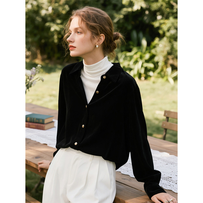 黑色长袖磨毛衬衫女2025年秋冬新