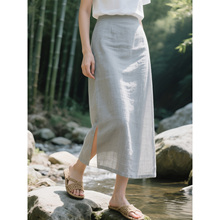 灰色亚麻半身裙女2025年夏季新款高腰中长款宽松a字裙直筒裙子