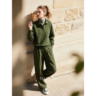 女2026春季 气质不撞衫 新款 时尚 两件套 高级感卫衣阔腿裤 军绿色套装