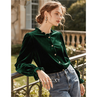 绿色木耳领丝绒衬衫女2026年秋冬新款高级感时尚洋气时髦长袖上衣