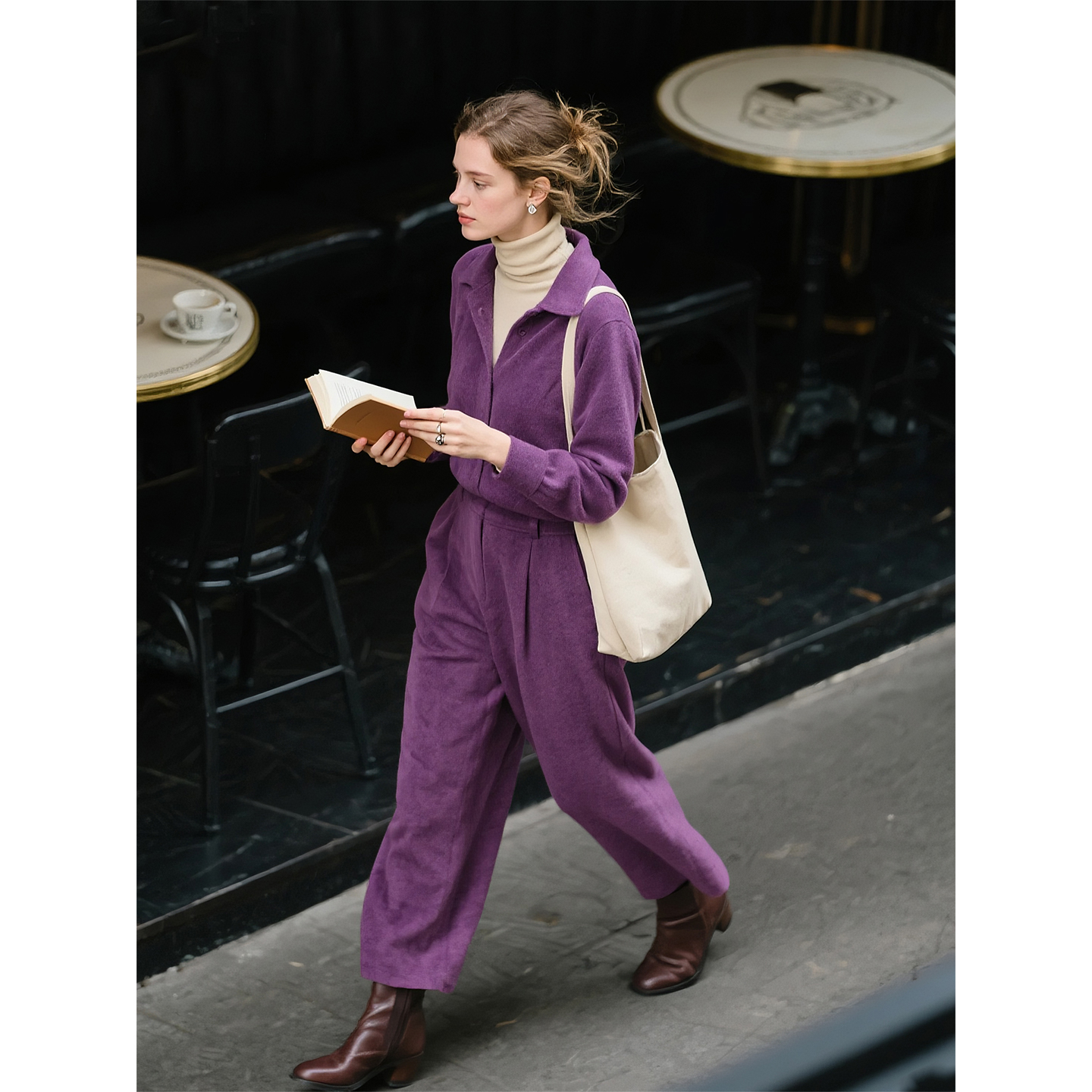 藕荷紫磨毛衬衫九分裤两件套女