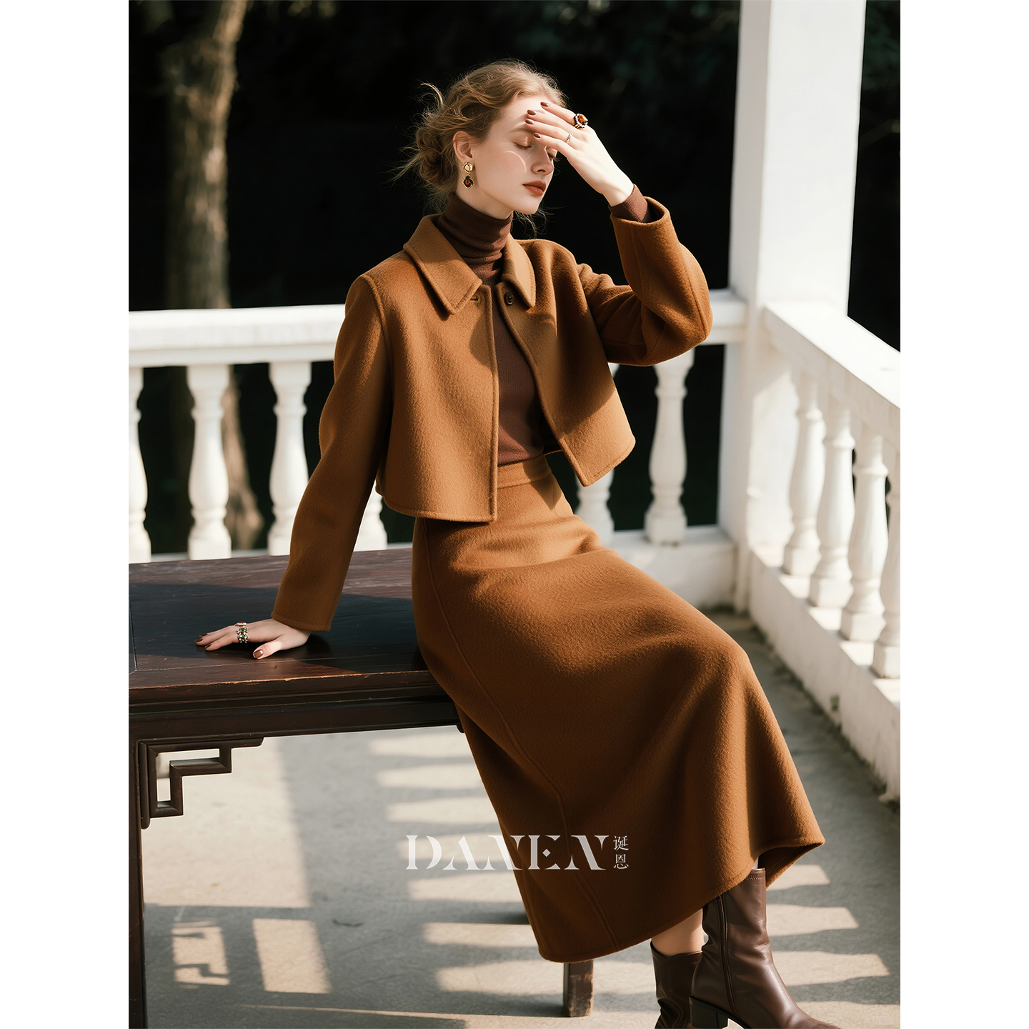 棕色羊毛双面呢套装女2025年秋冬
